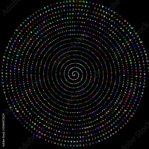 Hypnotic spiral pattern of multicolor alphanumeric characters on black background