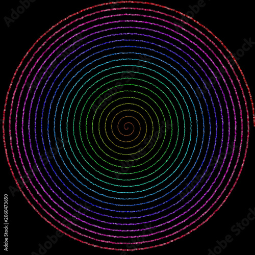 Hypnotic multicolored spiral vortex with rainbow gradient on black background