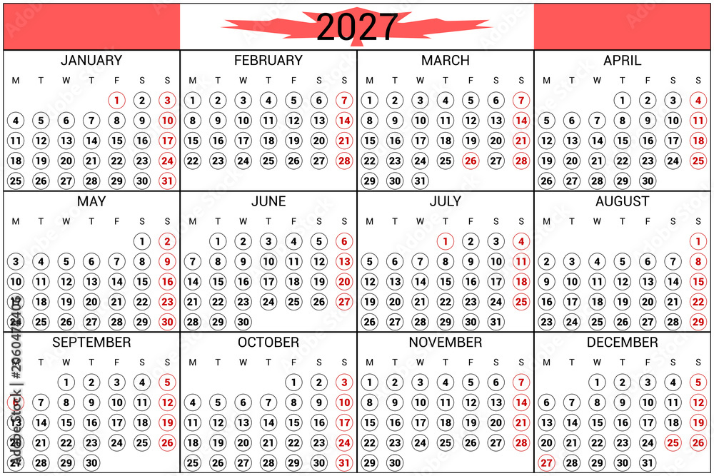 Naklejka premium 2027 Calendar Canada Holidays Native Language Horizontal High Res
