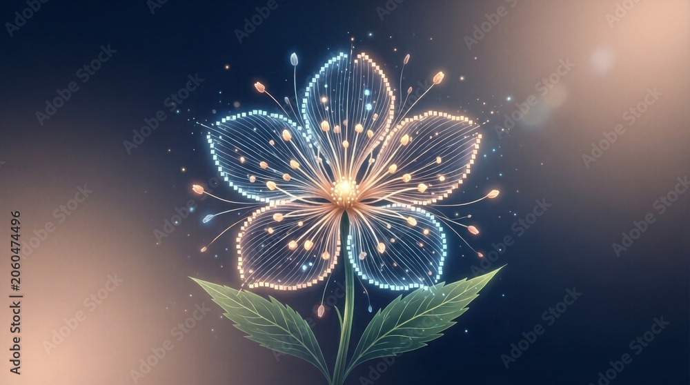 Fototapeta premium Stylized floral sketch glowing with leaves on dark backdrop