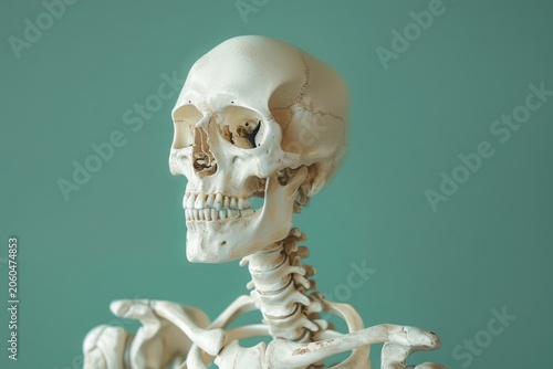 A skeleton of a man with a shoulder injury. Can be used to illustrate human anatomy or medical conditions