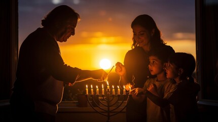 Family Lighting Menorah Candles at Sunset During Hanukkah Celebration