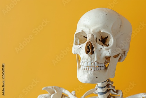 Artificial human skeleton model on yellow background. Space for text