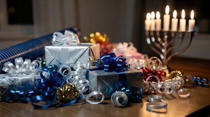 Hanukkah Gifts and Menorah Candles on Wooden Table