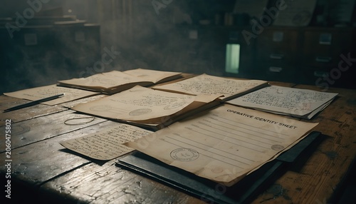 A cinematic intelligence archive scene featuring an unsealed classified case file spread across a weathered oak table, containing a blank operative identity sheet, encrypted notes, faded stamps