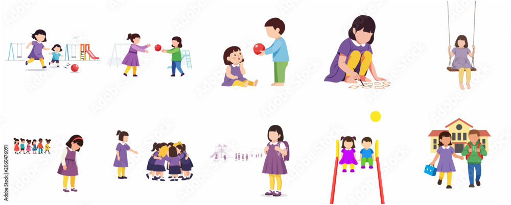 Fototapeta premium Diverse Flat Vector Illustration Set of Children Playing and Learning at School and Playground