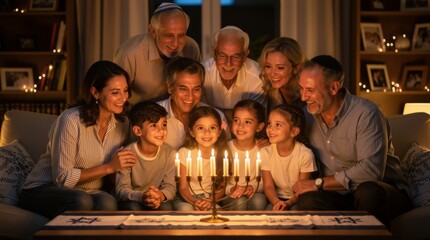 Multi-generational family celebrating Hanukkah with a lit menorah