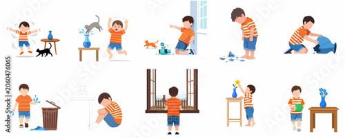 Tableau sur toile Cartoon set of a little boy dealing with a broken vase, blaming a cat, feeling guilty, and cleaning up the mess