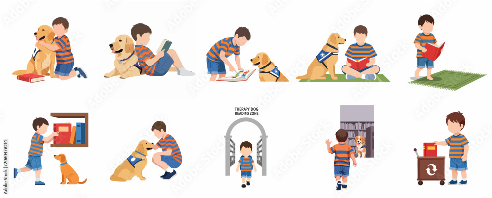 Fototapeta premium Set of flat vector illustrations featuring a boy and a therapy dog in a library, promoting literacy, childhood education, and animal-assisted therapy programs.