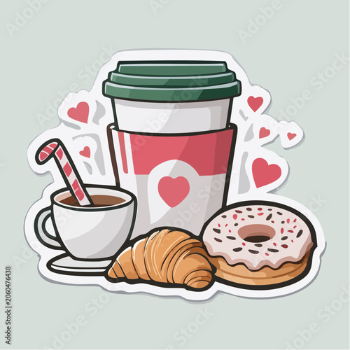 Cute Coffee and Pastry Sticker Design with Hearts