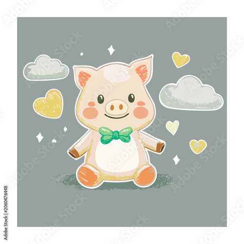 Cute cartoon pig with bow tie and decorative elements