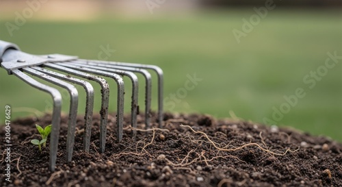 Gardening tool resting on soil with roots and grass in background. Rake indicates preparation for planting seeds, nurturing growth in healthy garden. Concept gardening and landscape design.