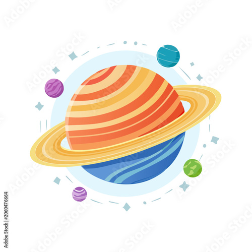 Stylized planet with rings and moons in flat design