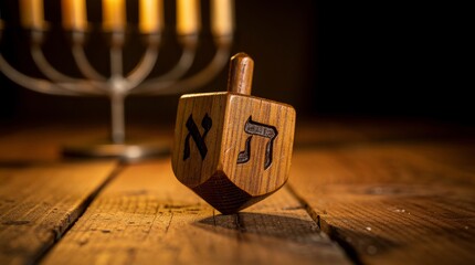 Wooden Dreidel Spinning on a Rustic Surface with Menorah Background