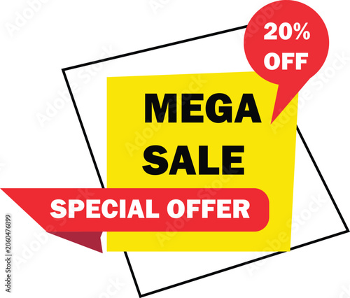 Mega Sale Special Offer Discount Banner with Red Tag and Percentage Sign on Yellow Background