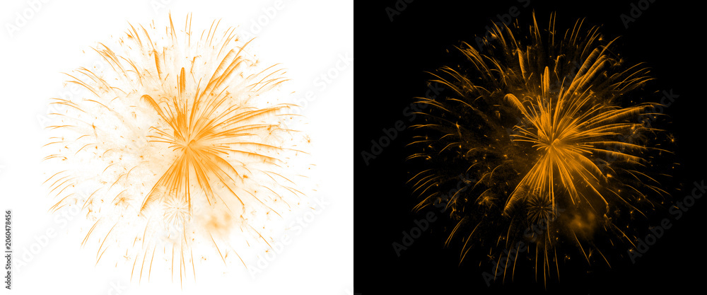Obraz premium Golden firework burst isolated on white and black backgrounds, sparkling yellow pyrotechnic explosion, festive firework display for celebration design