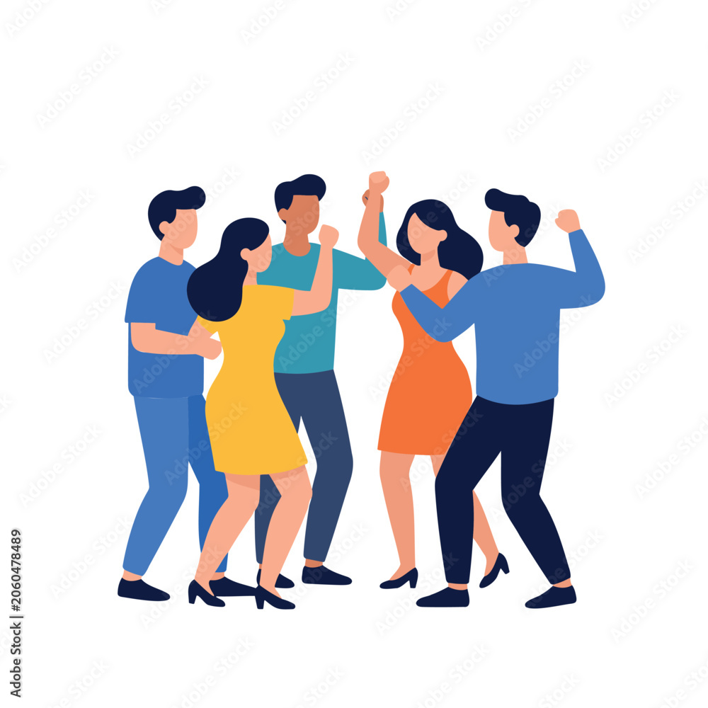Fototapeta premium Group of young adults dancing together in various colored outfits on a white background