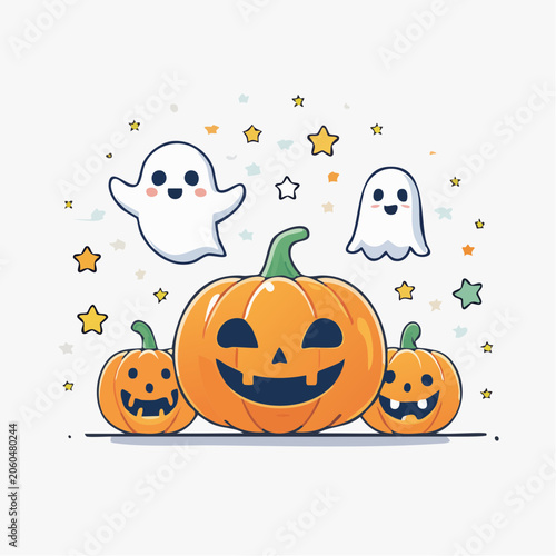 Cute Halloween Pumpkins and Ghosts with Stars