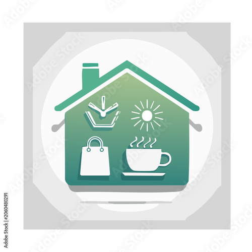 Flat design house icon with shopping and coffee symbols