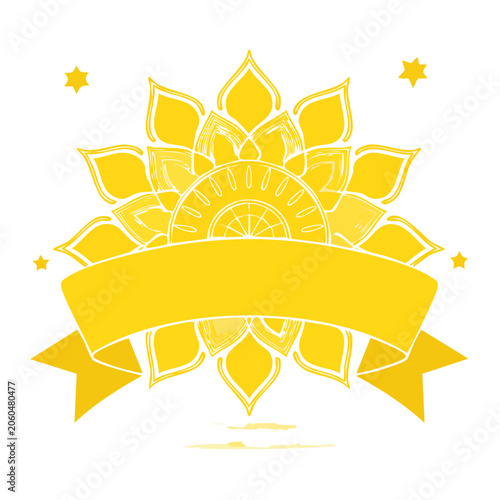 Yellow Sun Mandala with Ribbon Banner and Stars