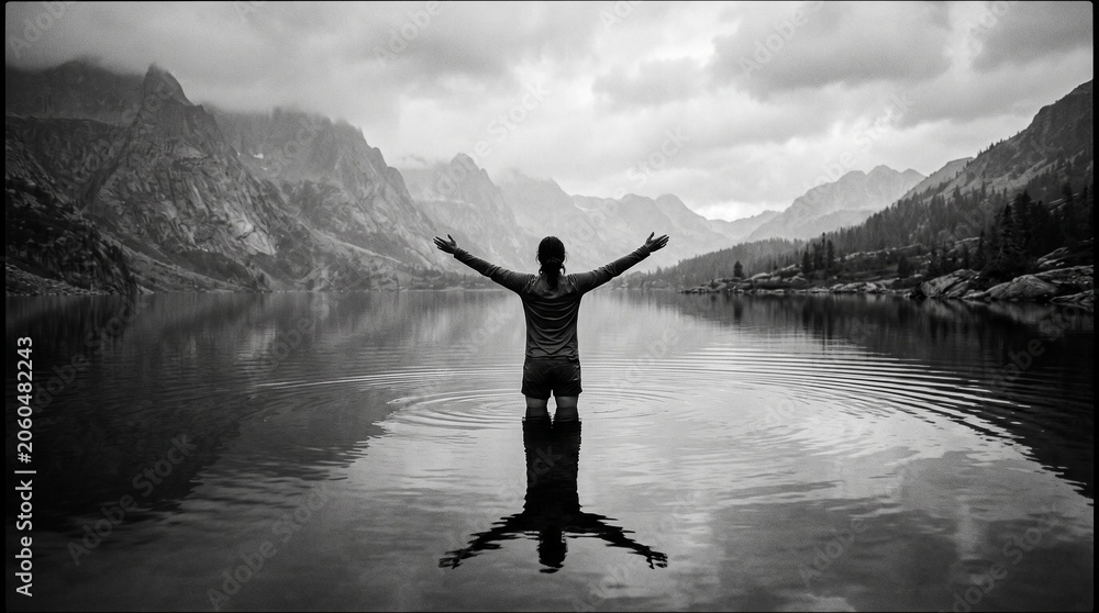 Fototapeta premium Person Embracing Nature by Serene Lake