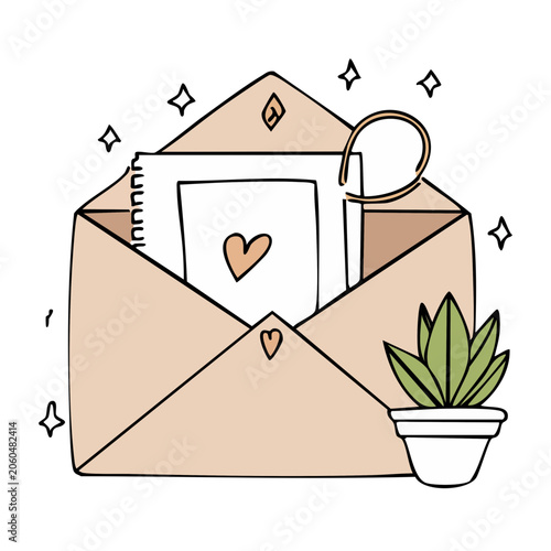 Flat design illustration of envelope with letter and plant