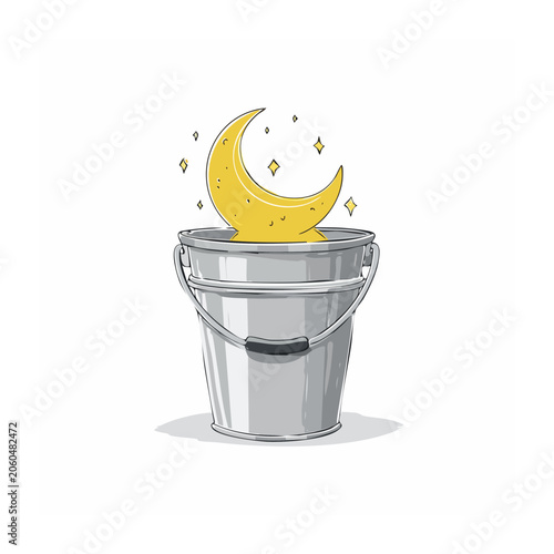 Gray metal bucket with yellow crescent moon and sparkles
