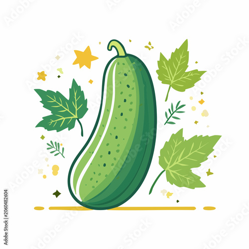 Stylized Illustration of a Green Cucumber with Leaves and Stars