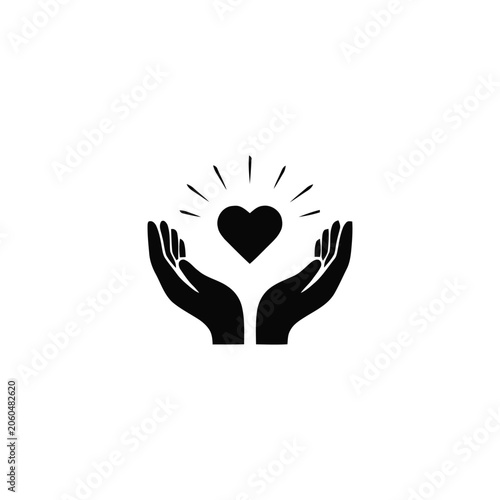 Black of two cupped hands holding a heart with radiating light lines, representing love, health, or care, isolated on a white background
