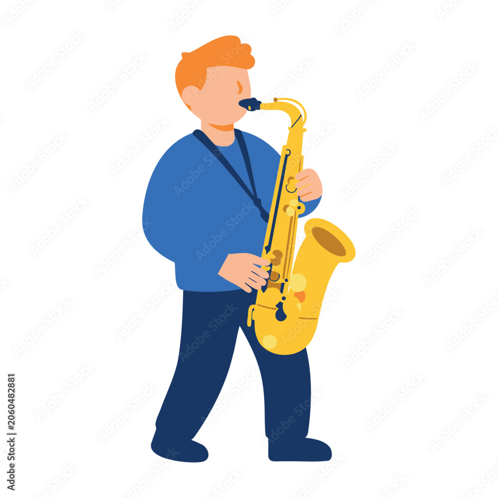 Fototapeta premium Man with orange hair plays the saxophone in a blue sweater and dark blue pants