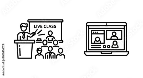 Live class presentation and virtual meeting icon set with e learning education teaching presentation conference learning classroom training workshop