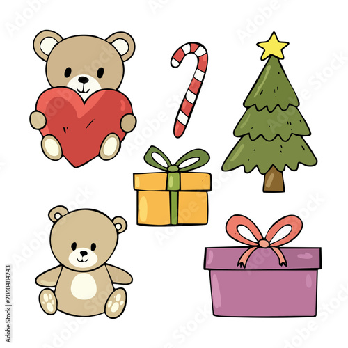 Cartoon Christmas Elements with Teddy Bears and Gifts