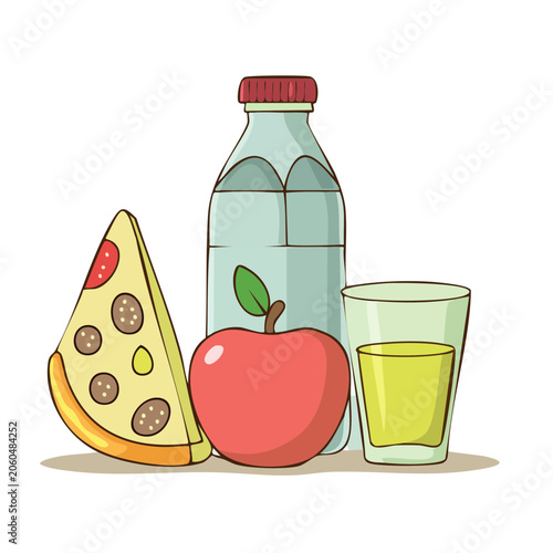 Cartoon illustration of pizza, apple, water bottle and juice