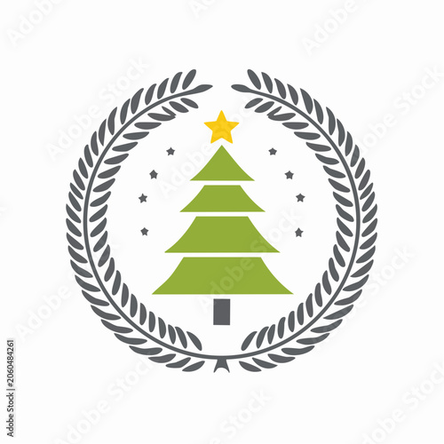 Christmas Tree Emblem with Laurel Wreath and Star