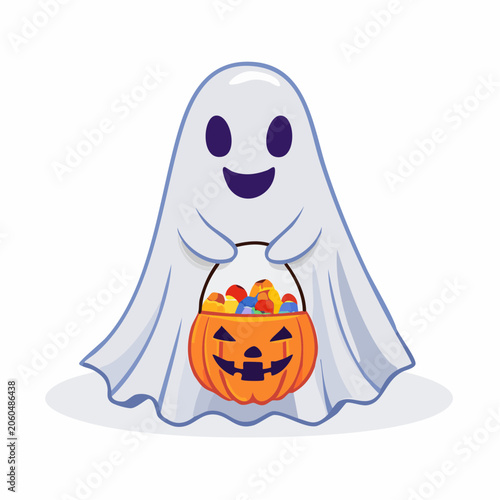Cute Ghost Holding Halloween Candy Bucket