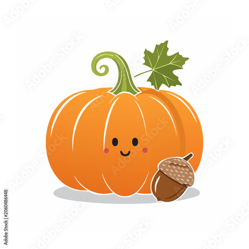 Cute Smiling Pumpkin with Acorn and Maple Leaf