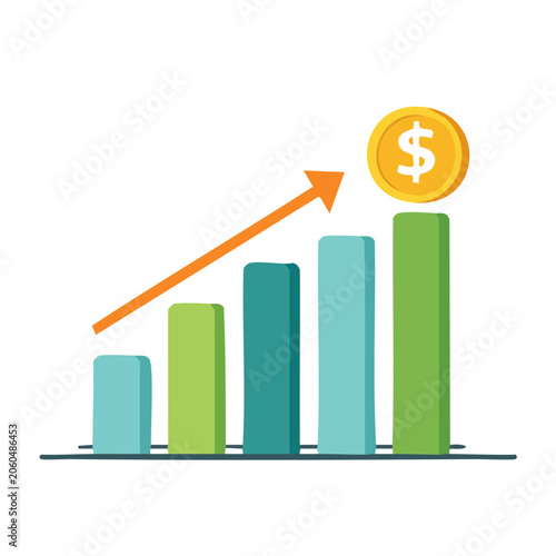 Flat design bar chart with dollar sign and arrow