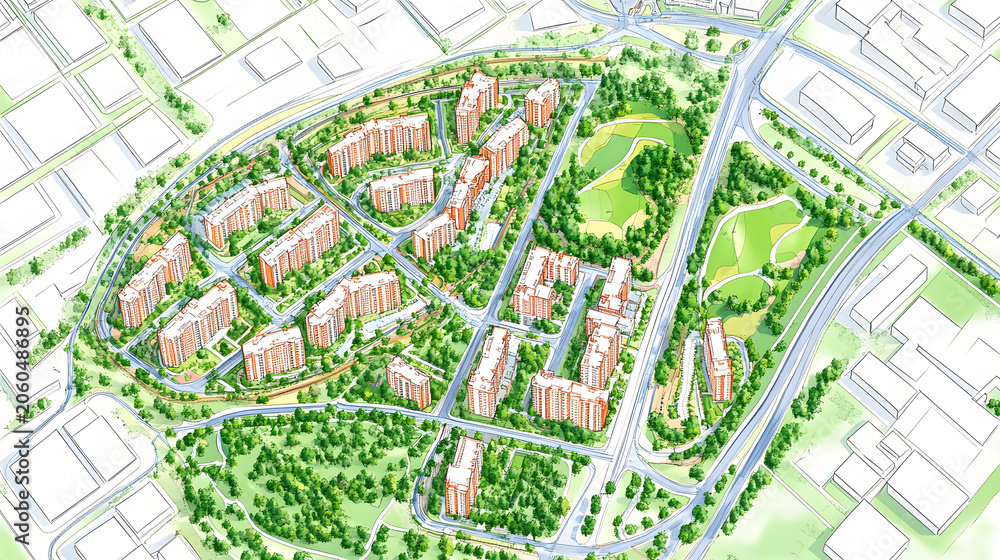 Fototapeta premium Top down city plan layout with zones and color coded areas.