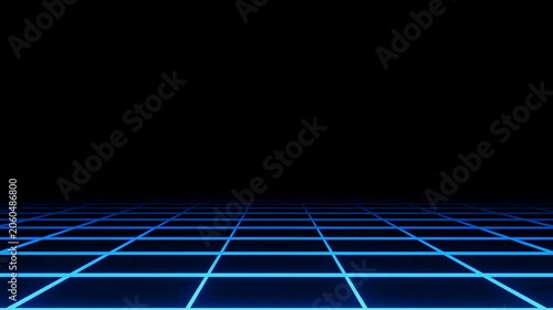 Grid floor illuminated by glowing blue lines extends into the dark infinite horizon representing a digital realm or advanced cyberspace environment.