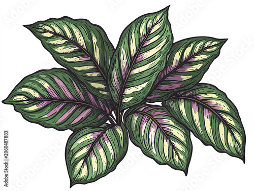 Calathea Ornata Leaves Botanical Illustration on White Background