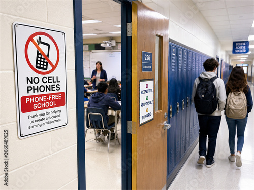 No cell phones sign on classroom wall beside open school door with students and backpacks in hallway showing phone free learning policy campus safety rules and modern education environment