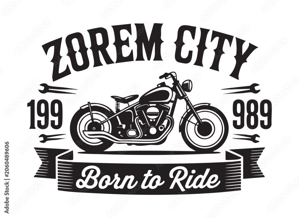 Obraz premium Motorcycle emblem design with custom bike, wrenches, and ribbon banner on white background.