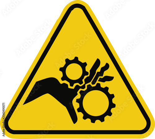 Warning sign for crushing hazard with hand and gears safety symbol for machinery danger industrial warning icon isolated on white