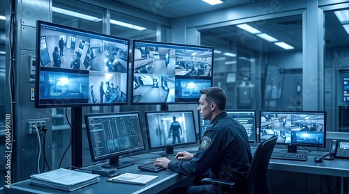 Officer in uniform monitoring CCTV feeds in high-tech surveillance room. Private security operations center with multiple screens for property protection.