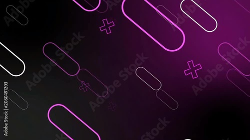 Abstract background featuring soft glowing purple capsules and geometric plus signs creates a modern aesthetic perfect for scientific or medical digital design.