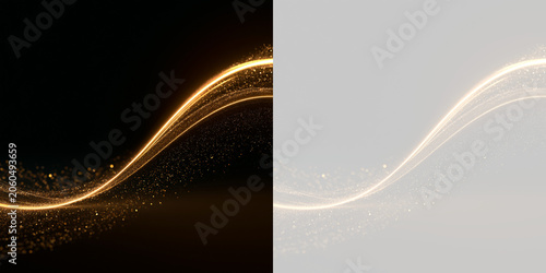 Foto 金色のライトウェーブとキラキラ粒子 透明PNG背景 光の軌跡と幻想的なボケが美しい抽象オーバーレイ素材