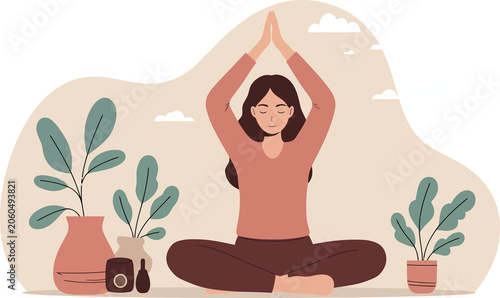 Cuadro en lienzo Woman meditating in lotus pose with hands overhead, surrounded by plants and clo