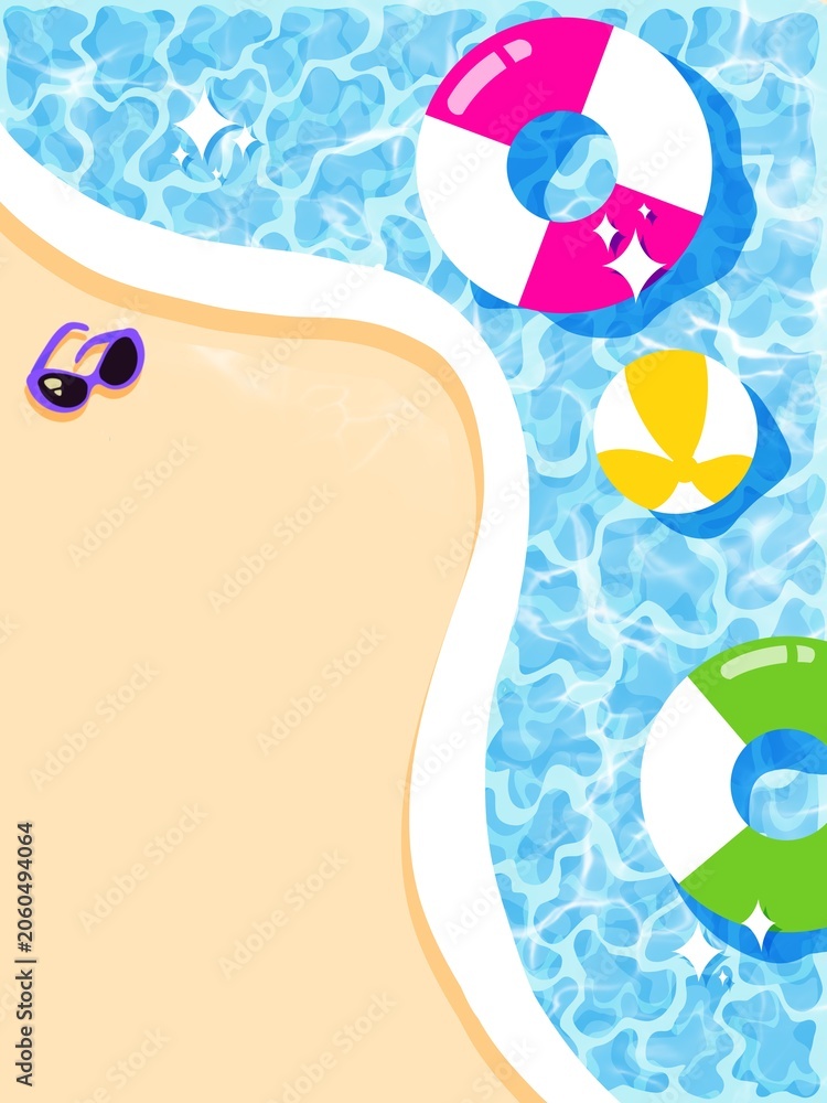 Naklejka premium Summer Pool Invitation Background with Swimming Pool, Floats and Copy Space