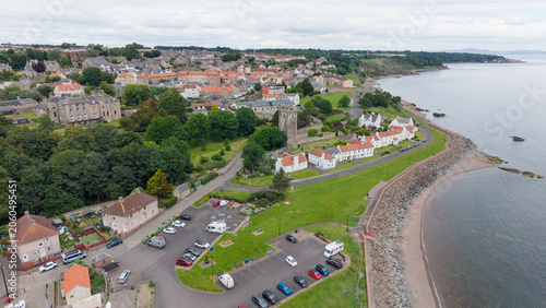 Fotografie Aerial panoramic view of Dysart coastline with St Serf's Tower, traditional Scot