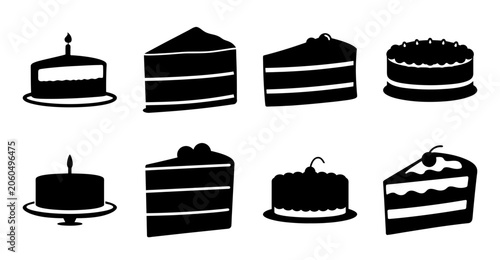 Photos Black and white cake icons set - Six stylish black and white cake icons with different flavors and slices in minimalist vector design
